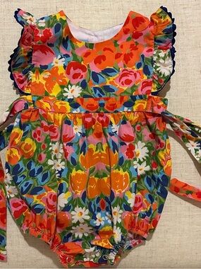 Bella Bliss Bubble Romper Floral Ric-Rac Ruffle Flutter Sleeves Tie Sides